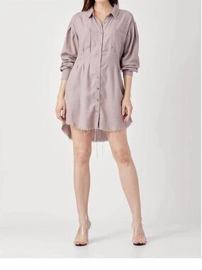 RISEN Linen Long-Sleeve Shirt Dress in Washed Mauve, Raw Hem